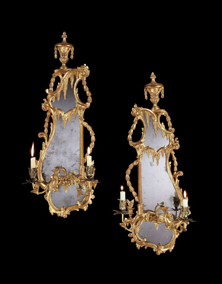 A PAIR OF GEORGE III GILTWOOD TWIN LIGHT GIRANDOLES